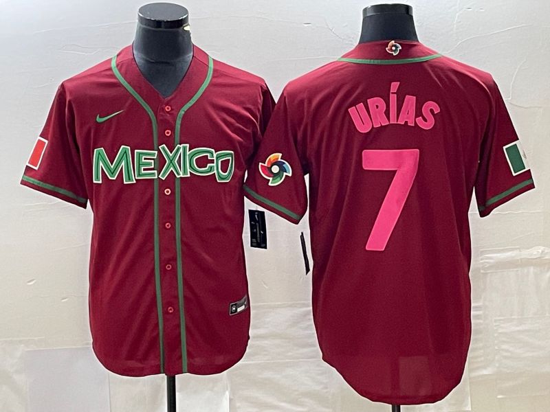 Men 2023 World Cub Mexico 7 Urias Red pink Nike MLB Jersey14